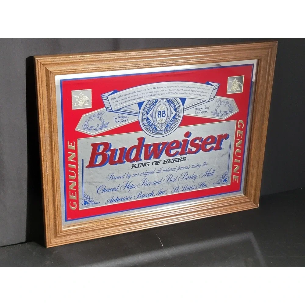 Vintage 1994 Budweiser Beer Anheuser Busch Mirror Sign Wood Frame Bar Sign